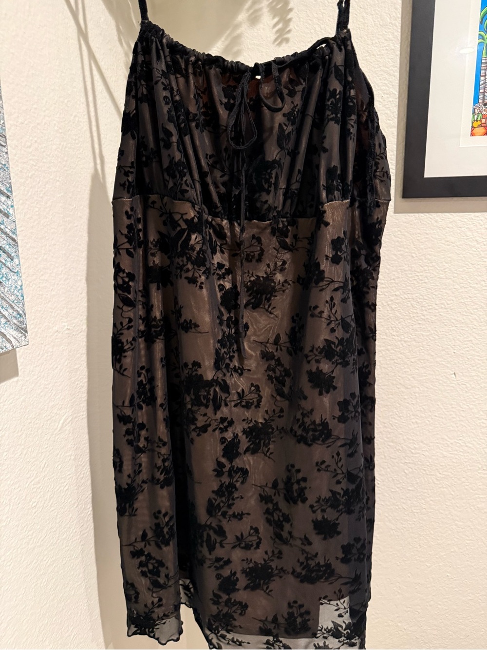 Y2K Black Floral Flocked Mesh Midi Dress Nude Lined